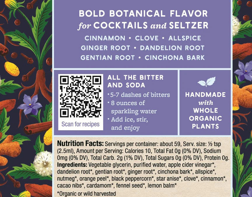 Back label of a botanical flavor product with ingredients and nutritional information.