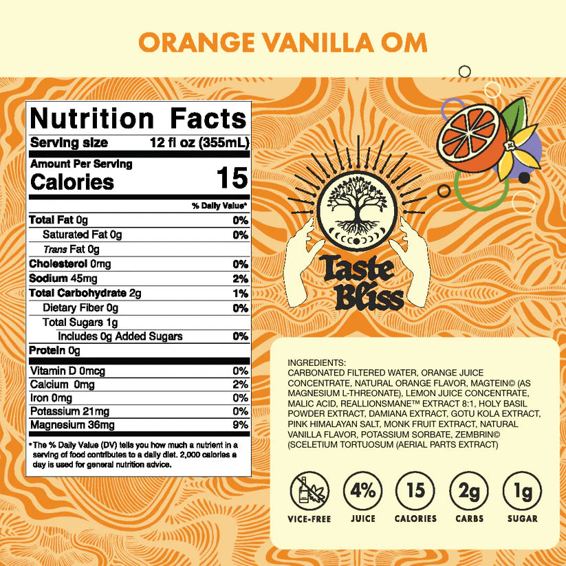 Nutrition facts label for 'Orange Vanilla OM' by Taste Bliss on an orange background.