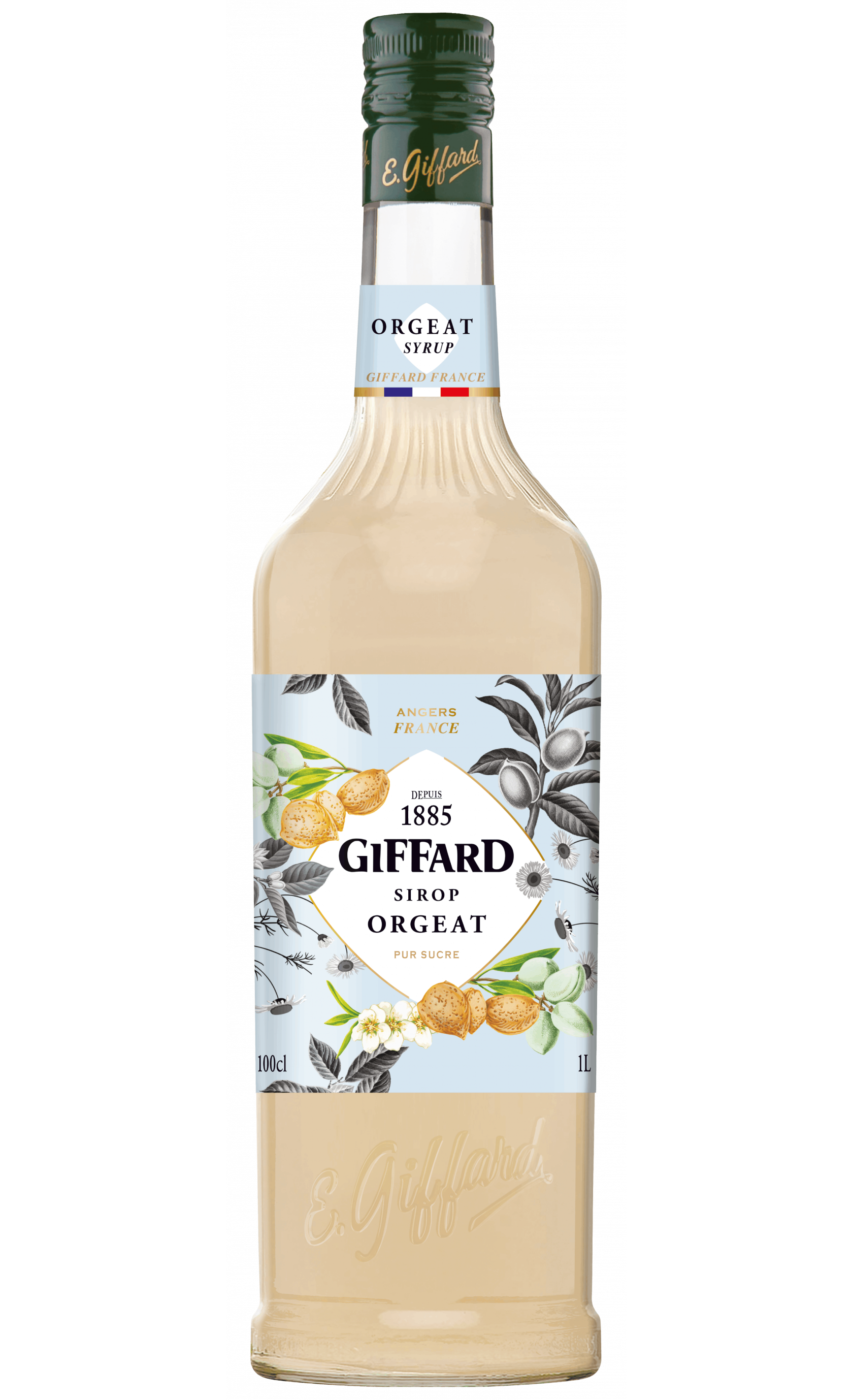 Bottle of Giffard Orgeat syrup on a white background