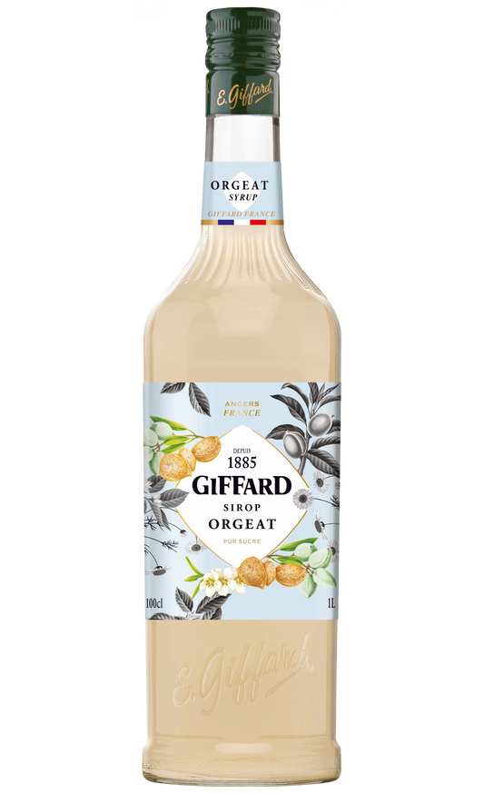 Bottle of Giffard Orgeat syrup on a white background
