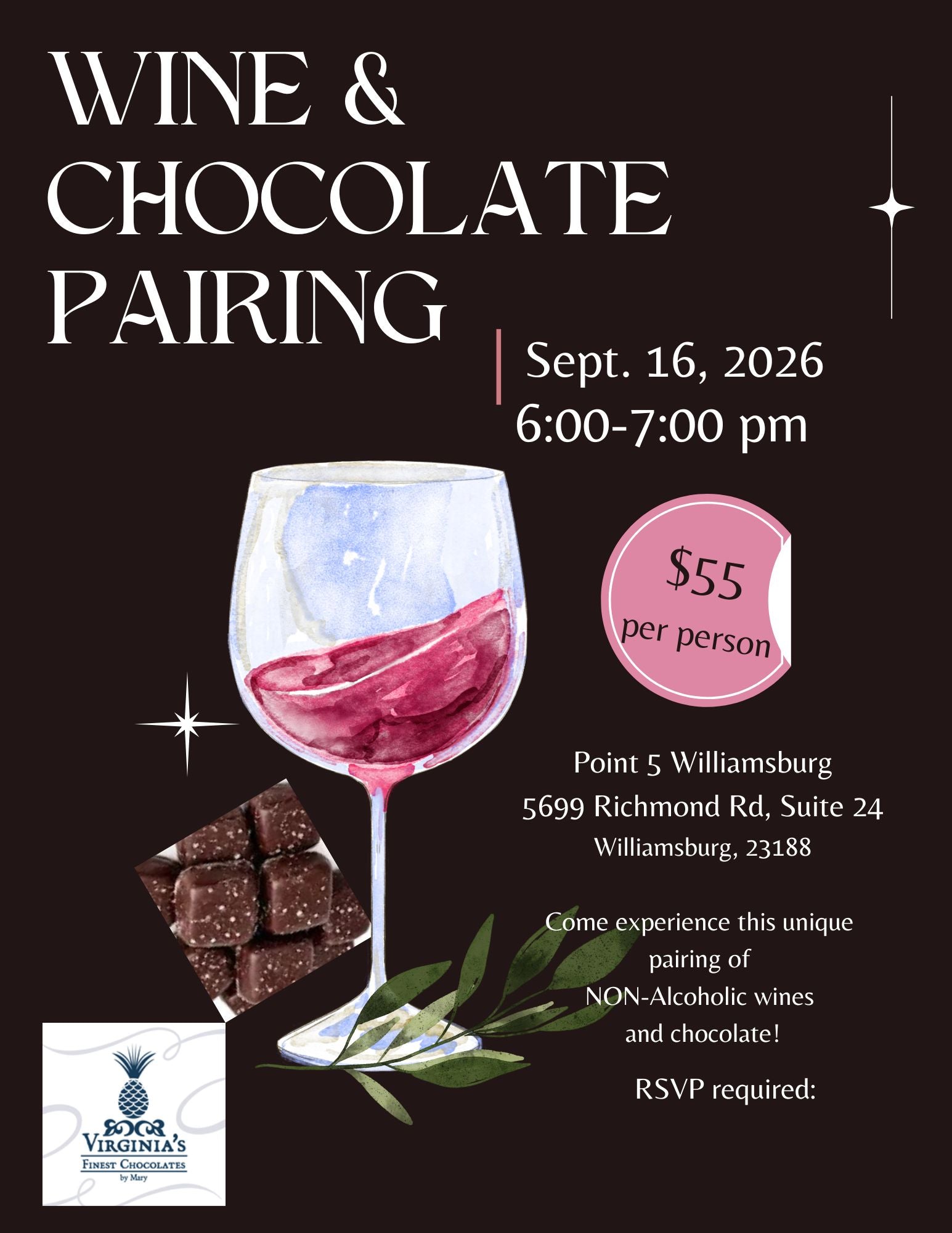 Promotional event poster for a 'Wine & Chocolate Pairing' on Sept. 16, 2026, from 6:00-7:00 pm.
