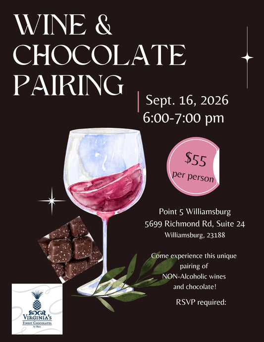 Promotional event poster for a 'Wine & Chocolate Pairing' on Sept. 16, 2026, from 6:00-7:00 pm.
