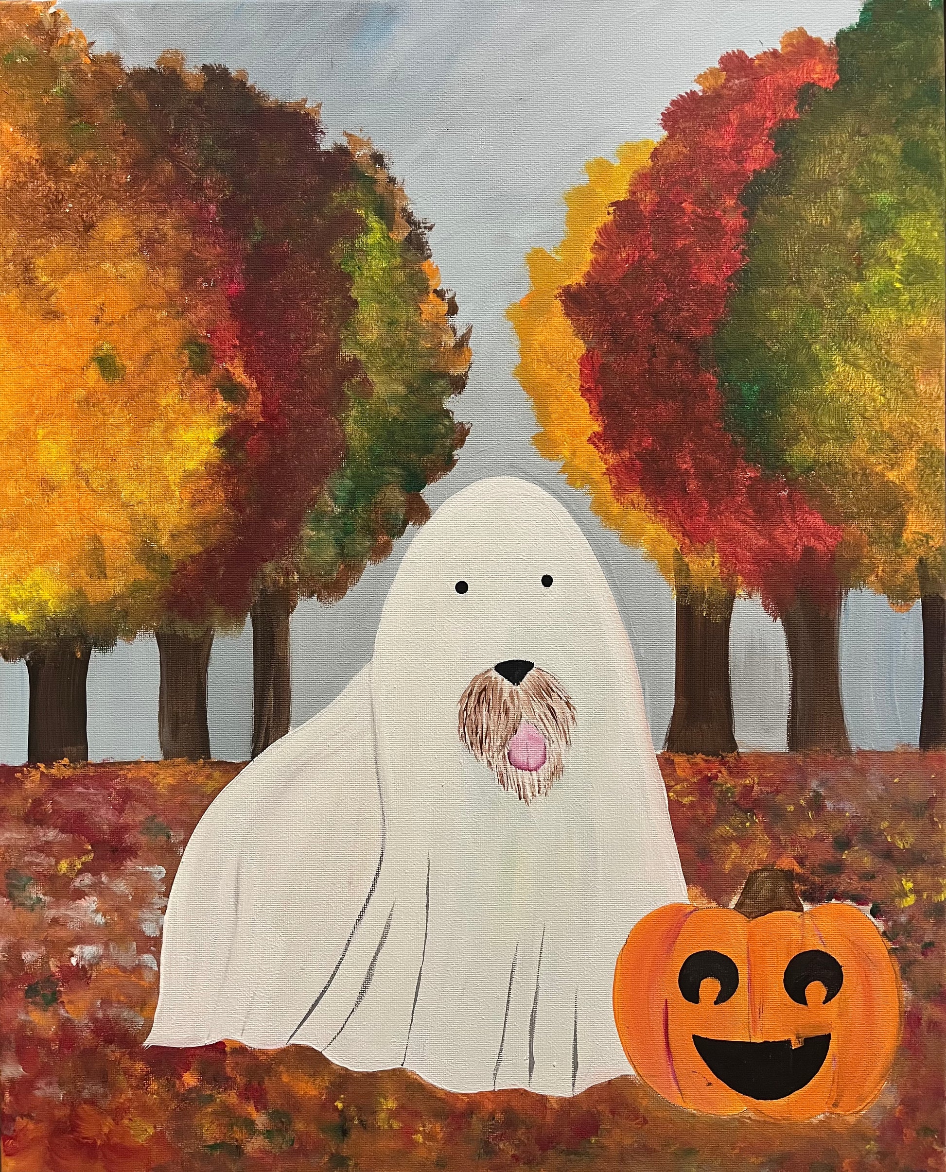 A colorful painting of a white ghost-shaped dog standing in an autumn forest with orange, red, yellow, and green trees, next to a carved orange pumpkin.