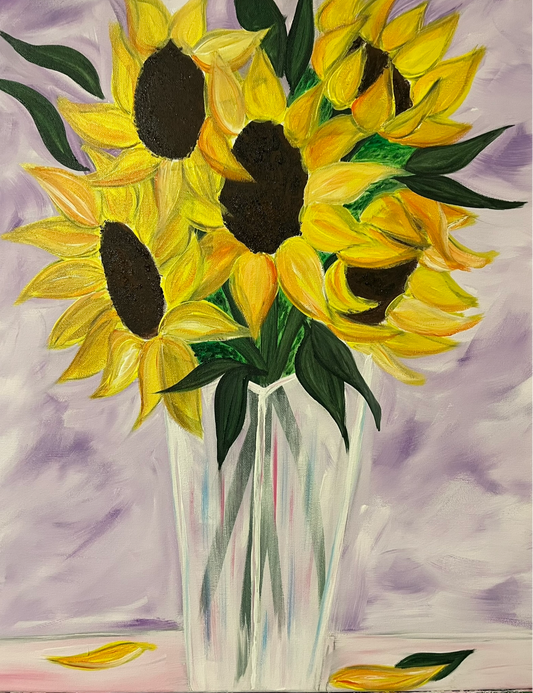 A painted still life of bright yellow sunflowers with dark brown centers and green leaves arranged in a clear glass vase against a soft lavender and purple background.