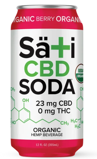 A 12 fl oz can of Sati CBD Soda organic hemp beverage, featuring a white label with green and black text, a red top and bottom band, and green chemical structure graphics on a white background.