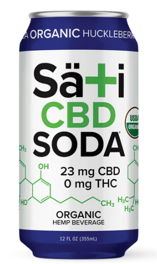 A 12 fl oz can of Säti CBD Soda, an organic hemp beverage. The can features a white label with dark blue top and bottom bands, green and black text, and green chemical structure diagrams on a white background.