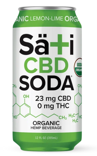 A 12 fl oz can of Sati CBD Soda organic hemp beverage, featuring a white and green label with black and green text, on a plain white background.