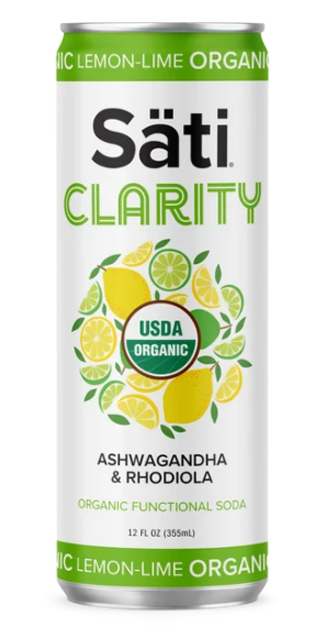 A 12 fl oz can of Sati Clarity Organic Lemon-Lime Functional Soda, featuring a white label with green and yellow lemon illustrations and a USDA Organic seal.