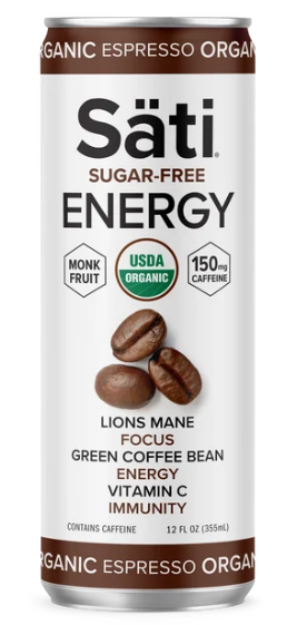 A 12 fl oz can of Säti Sugar-Free Energy drink in the Organic Espresso flavor, featuring a white label with brown accents, coffee bean illustrations, and USDA Organic certification seal.