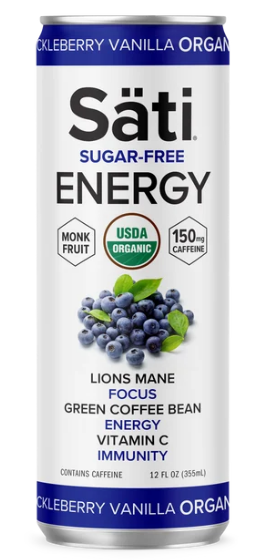 A 12 fl oz can of Säti Sugar-Free Energy drink in blueberry vanilla flavor, featuring a white label with blue accents, USDA Organic seal, and blueberry graphics.
