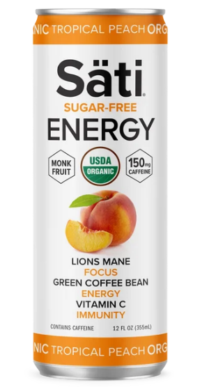 A 12 fl oz can of Säti Sugar-Free Energy drink in Tropical Peach Orange flavor, featuring a white label with orange accents, a peach graphic, and product details on a white background.