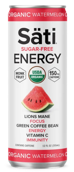 A 12 fl oz can of Säti Sugar-Free Energy drink in Organic Watermelon flavor. The can is white with red and black text, featuring a graphic of a watermelon slice in the center, and displaying product details like 'Lions Mane Focus' and 'Green Coffee Bean Energy'.