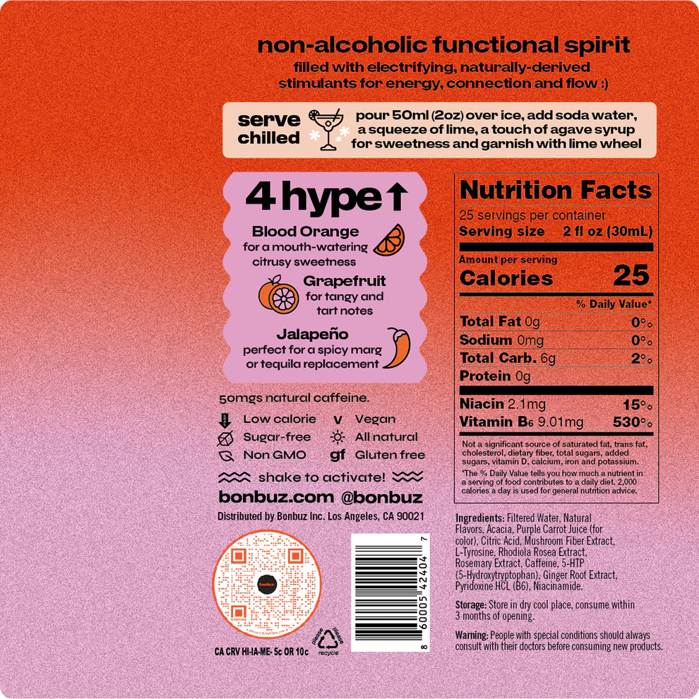 Back label of a non-alcoholic functional spirit with nutritional information and branding details.