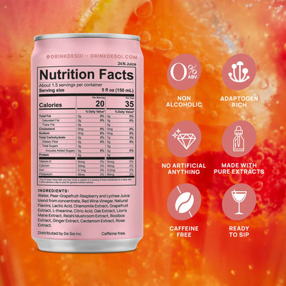 Can of a non-alcoholic beverage with nutrition facts and health benefits on an orange background
