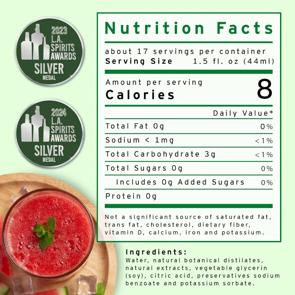 Nutrition facts label for a drink with 2023 L.A. Spirits Awards silver medal badges.