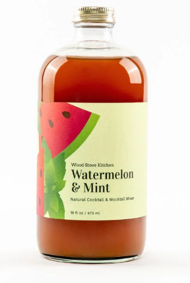 Bottle of Watermelon & Mint cocktail mixer with a label on a white background